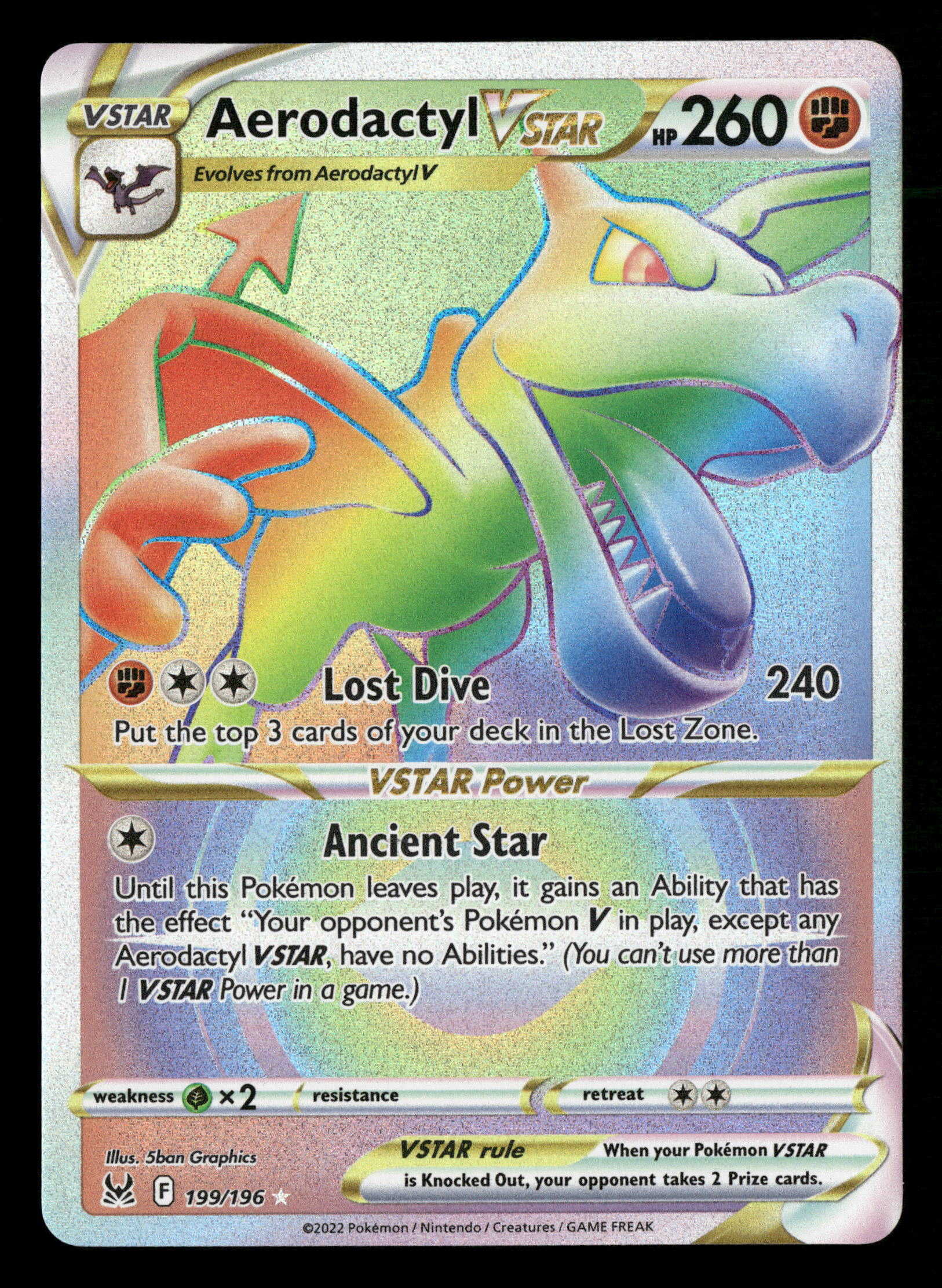 2022 Pokemon Lost Origin 199/196 Aerodactyl Vstar Rainbow Secret Rare 2022 Pokemon Lost Origin 199/196 Aerodactyl Vstar Rainbow Secret Rare
