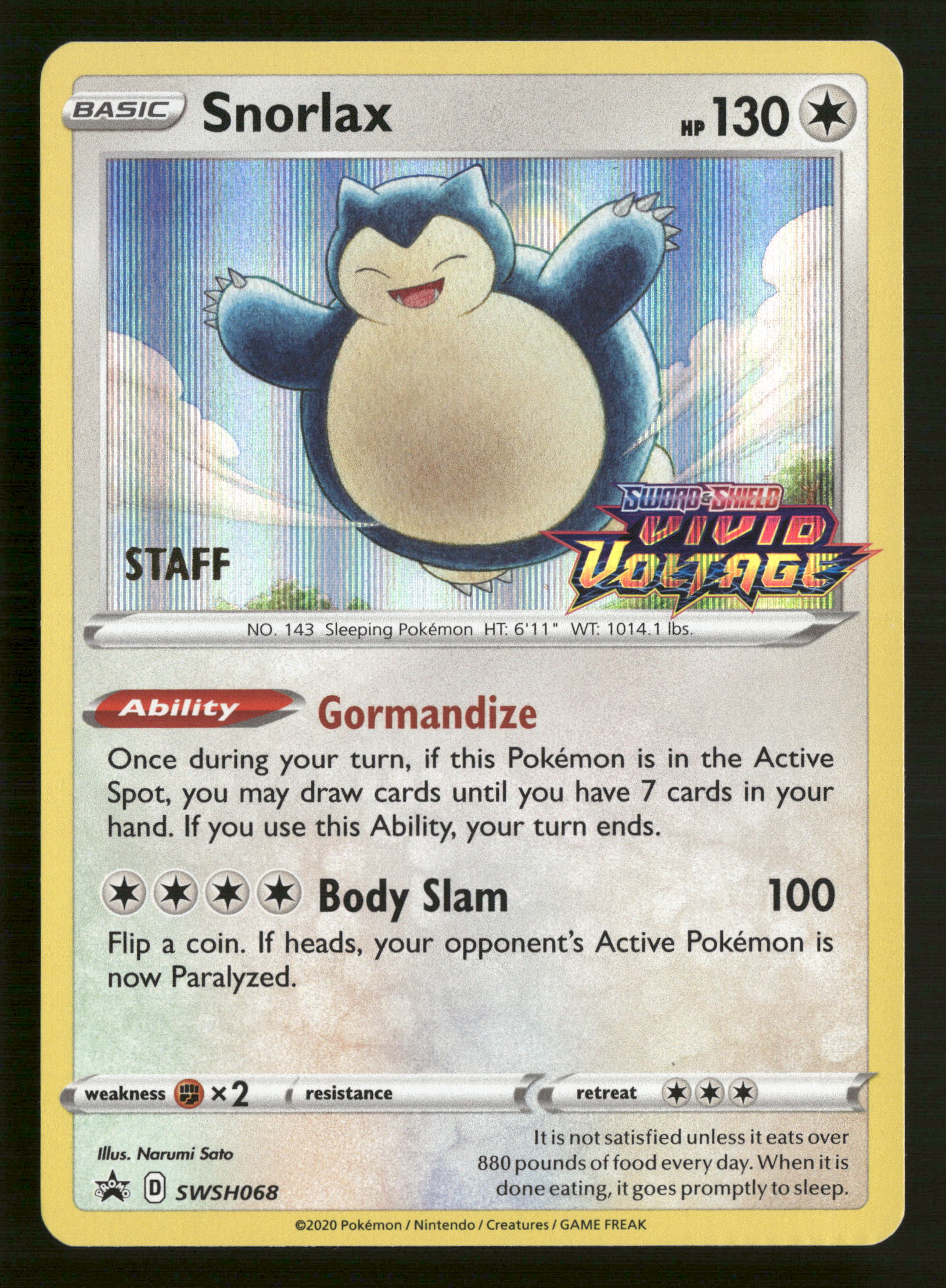  Pokemon SWSH: Sword & Shield Promo Cards  SWSH068 Snorlax -  (Prerelease) [Staff] Promo NM