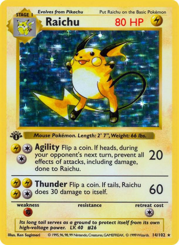 1999 Pokemon Base Set (Shadowless) 014/102 Raichu Holo Rare