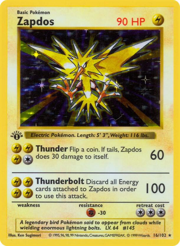 1999 Pokemon Base Set (Shadowless) 016/102 Zapdos Holo Rare