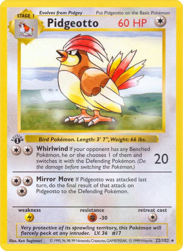 1999 Pokemon Base Set (Shadowless) 022/102 Pidgeotto Rare