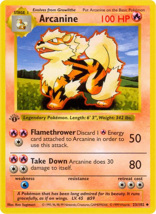 1999 Pokemon Base Set (Shadowless) 023/102 Arcanine Uncommon