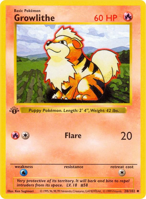 1999 Pokemon Base Set (Shadowless) 028/102 Growlithe Uncommon