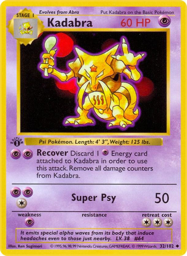 1999 Pokemon Base Set (Shadowless) 032/102 Kadabra Uncommon