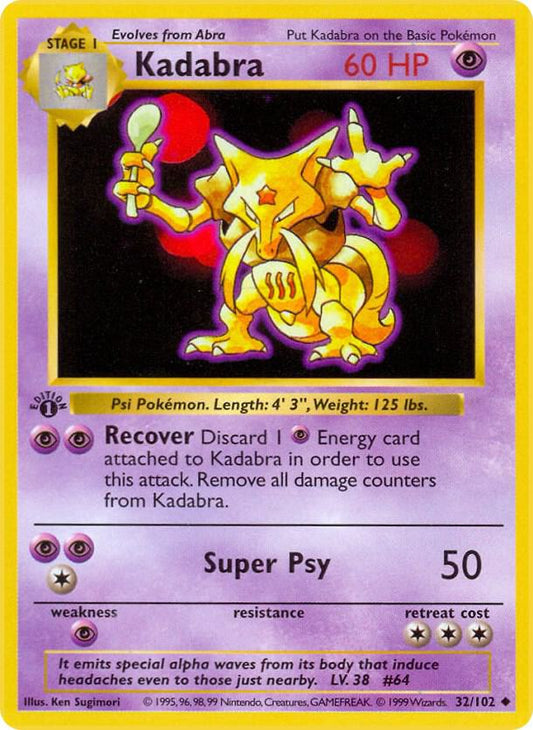 1999 Pokemon Base Set (Shadowless) 032/102 Kadabra Uncommon