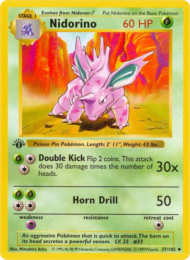 1999 Pokemon Base Set (Shadowless) 037/102 Nidorino Uncommon