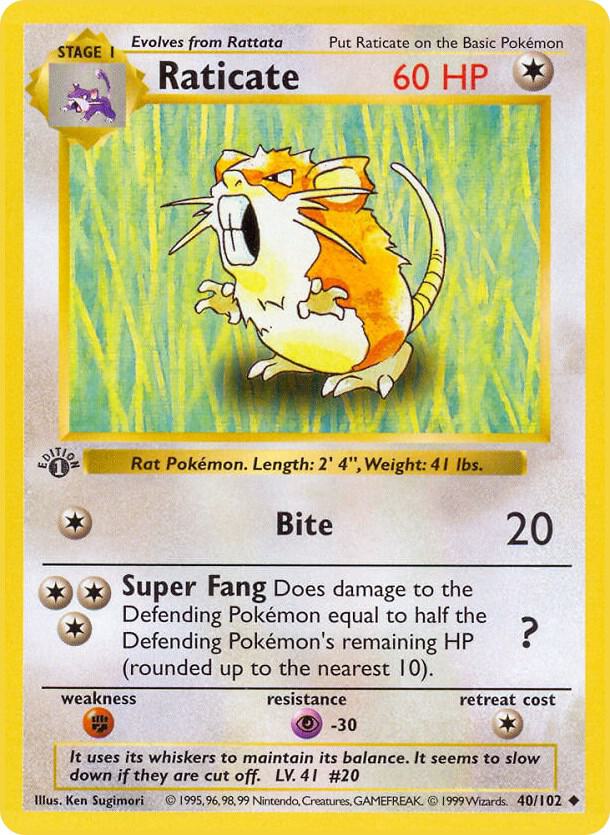 1999 Pokemon Base Set (Shadowless) 040/102 Raticate Uncommon