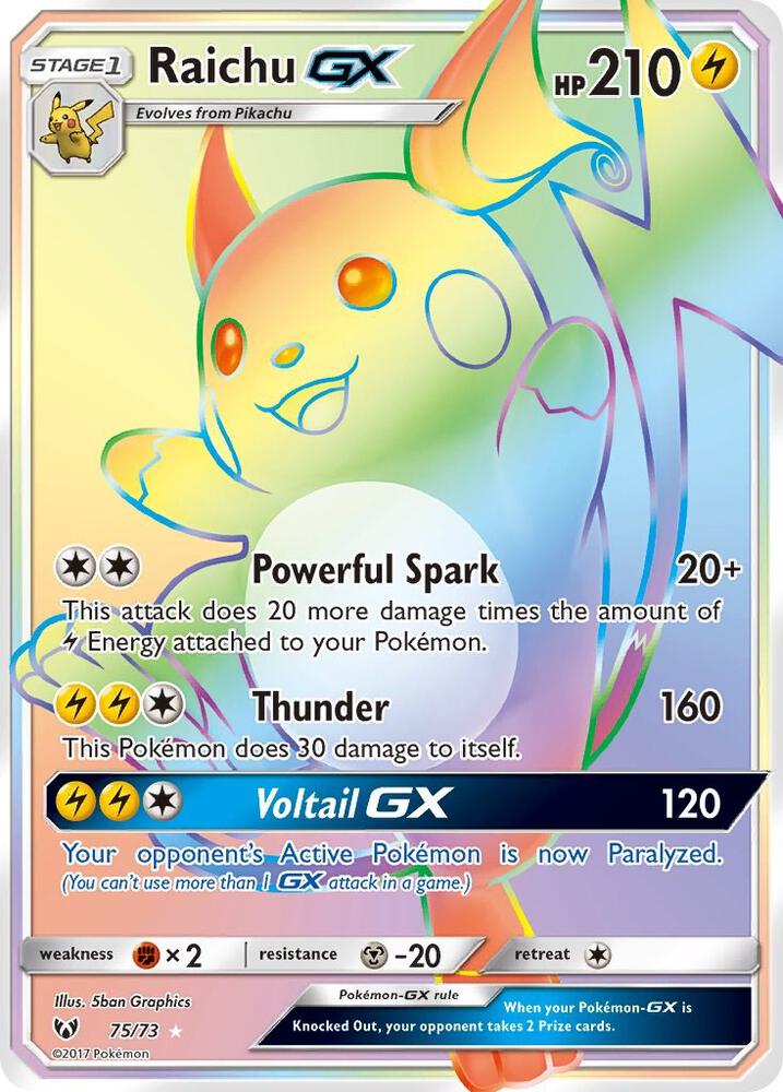 2017 Pokemon Shining Legends 75/73 Raichu GX Secret Rare