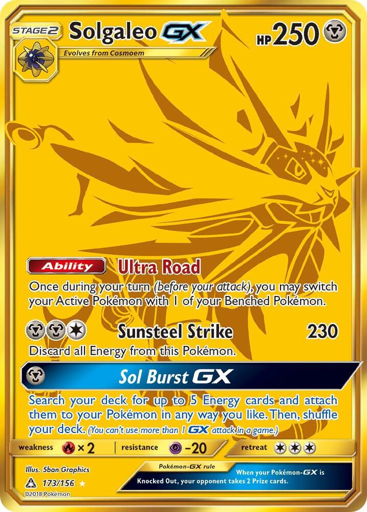 2018 Pokemon SM - Ultra Prism 173/156 Solgaleo GX (Secret Rare) Secret Rare
