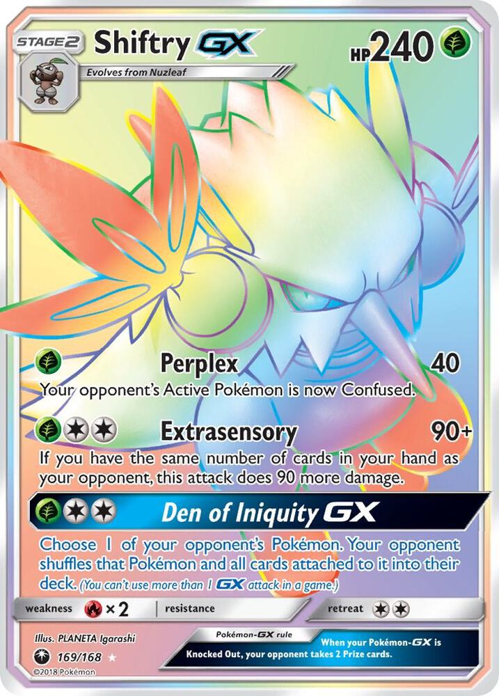 2018 Pokemon SM - Celestial Storm 169/168 Shiftry GX (Secret) Rainbow Rare
