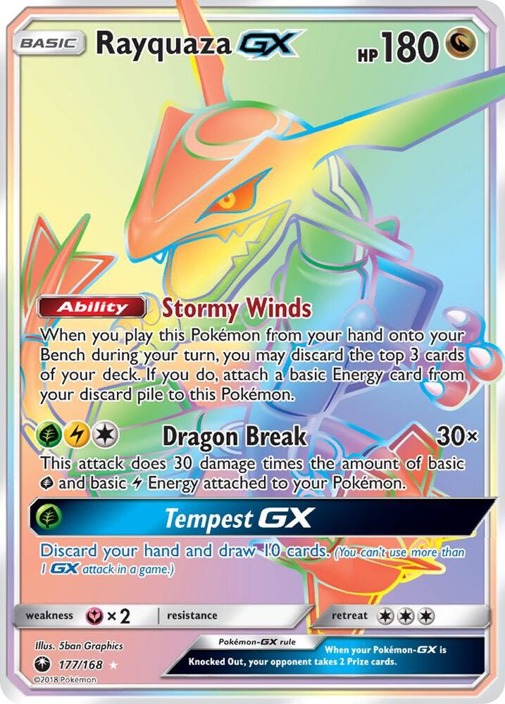2018 Pokemon SM - Celestial Storm 177/168 Rayquaza GX (Secret) Rainbow Rare