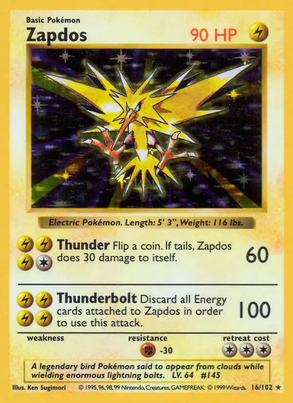 Zapdos 016/102 (Base Set (Shadowless))  - Unlimited Holofoil