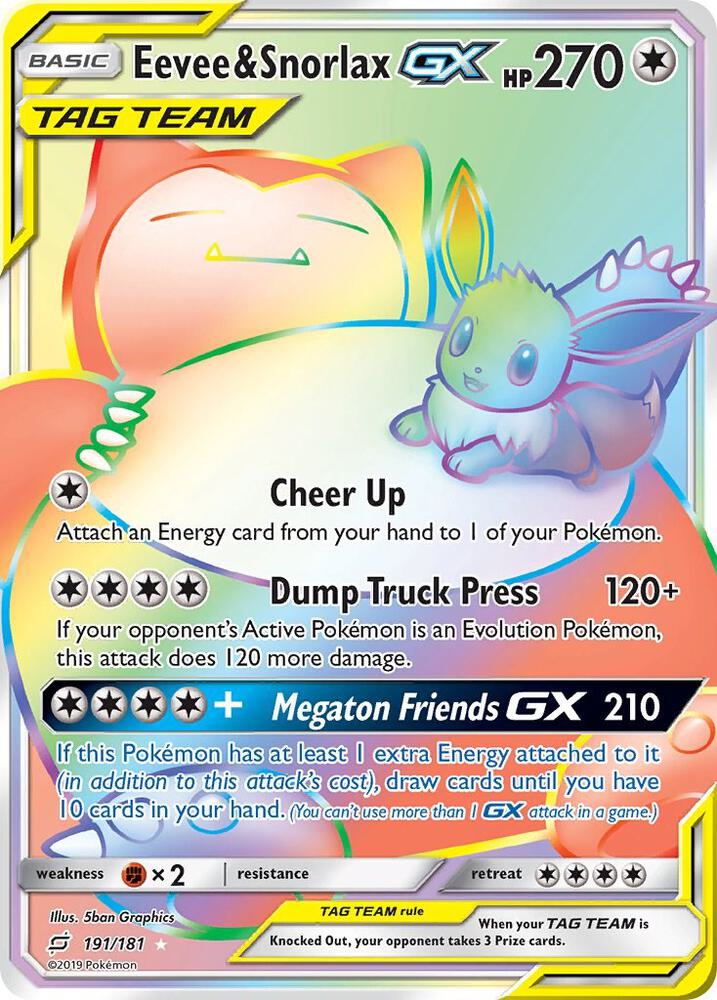 2019 Pokemon SM - Team Up 191/181 Eevee & Snorlax GX (Secret) Secret Rare