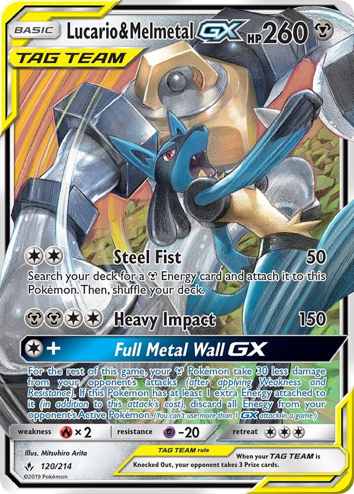 2019 Pokemon SM - Unbroken Bonds 120/214 Lucario & Melmetal GX Ultra Rare