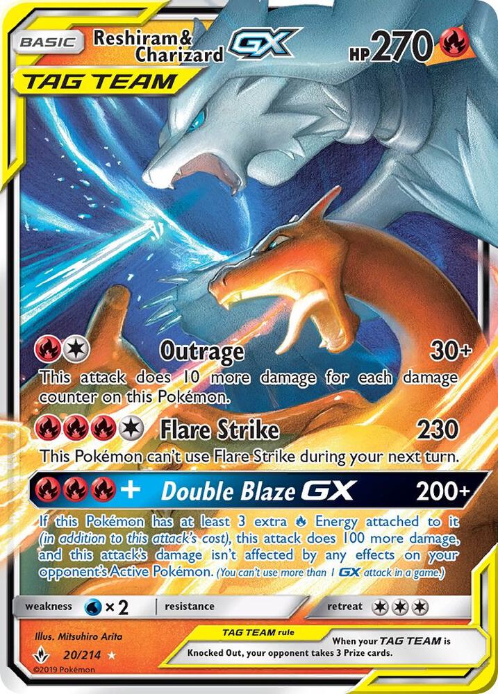 2019 Pokemon SM - Unbroken Bonds 20/214 Reshiram & Charizard GX Ultra Rare