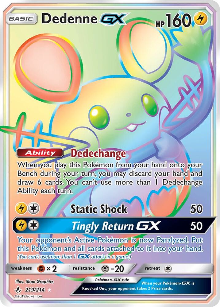 2019 Pokemon SM - Unbroken Bonds 219/214 Dedenne GX (Secret) Secret Rare