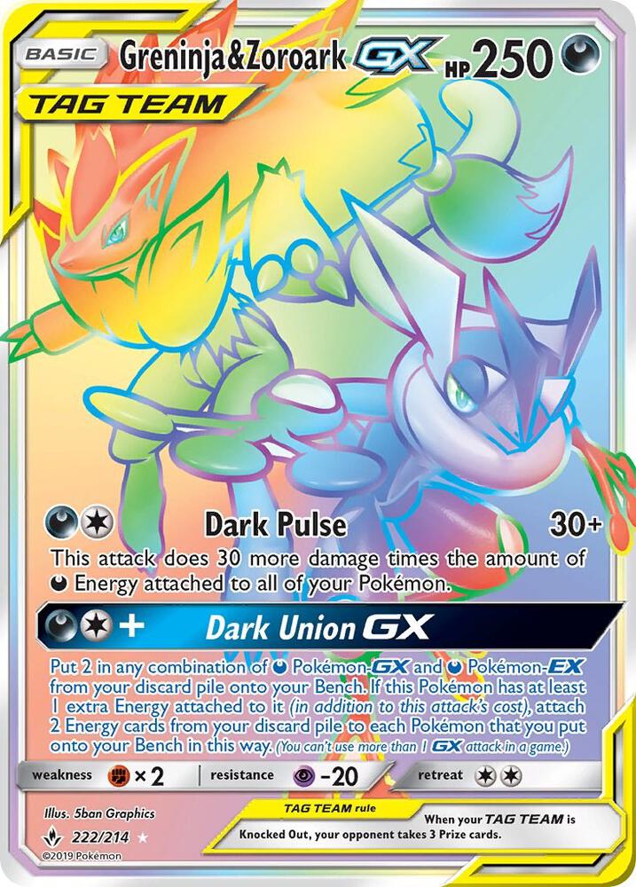 2019 Pokemon SM - Unbroken Bonds 222/214 Greninja & Zoroark GX Secret
