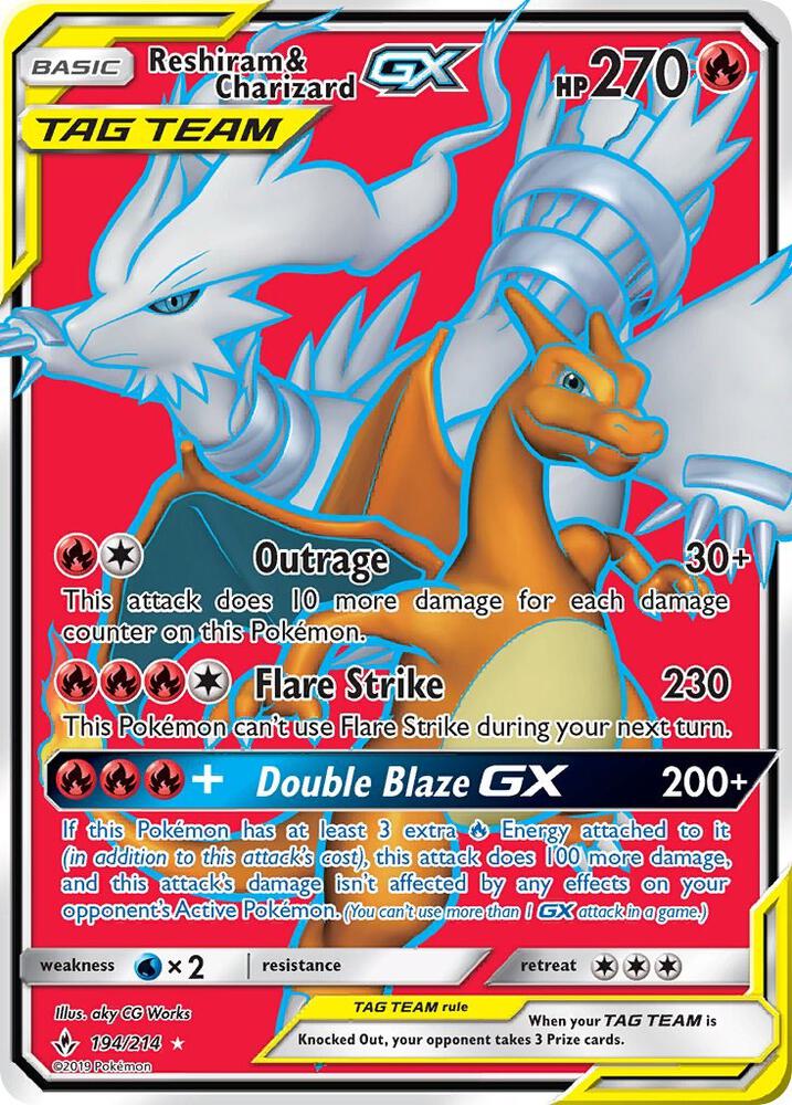 2019 Pokemon SM - Unbroken Bonds 194/214 Reshiram & Charizard GX (Full Art)
