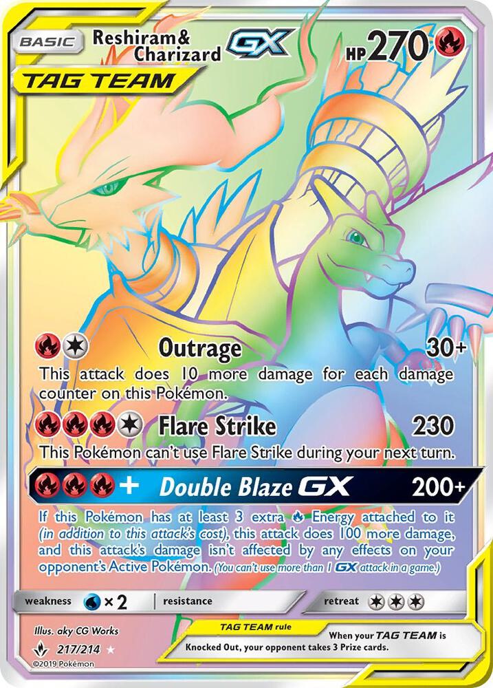 2019 Pokemon SM - Unbroken Bonds 217/214 Reshiram & Charizard GX Secret Rare