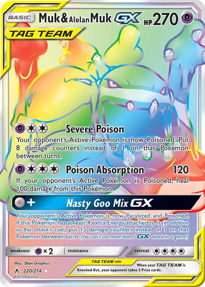 2019 Pokemon SM - Unbroken Bonds 220/214 Muk & Alolan Muk GX Secret Rare
