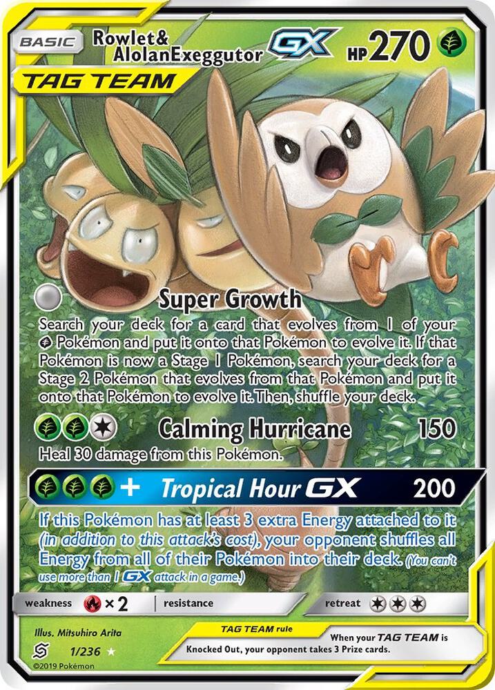 2019 Pokemon SM - Unified Minds 1/236 Rowlet & Alolan Exeggutor GX Ultra Rare