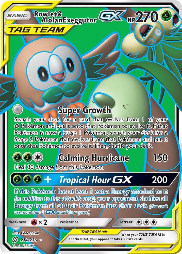 2019 Pokemon SM - Unified Minds 214/236 Rowlet & Alolan Exeggutor GX (Full Art)