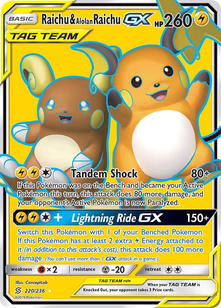 2019 Pokemon SM - Unified Minds 220/236 Raichu & Alolan Raichu GX Full Art