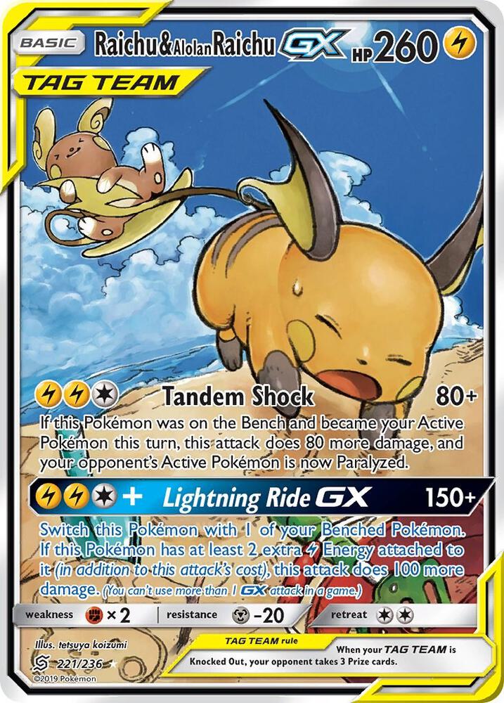 2019 Pokemon SM - Unified Minds 221/236 Raichu & Alolan Raichu GX Alternate Art