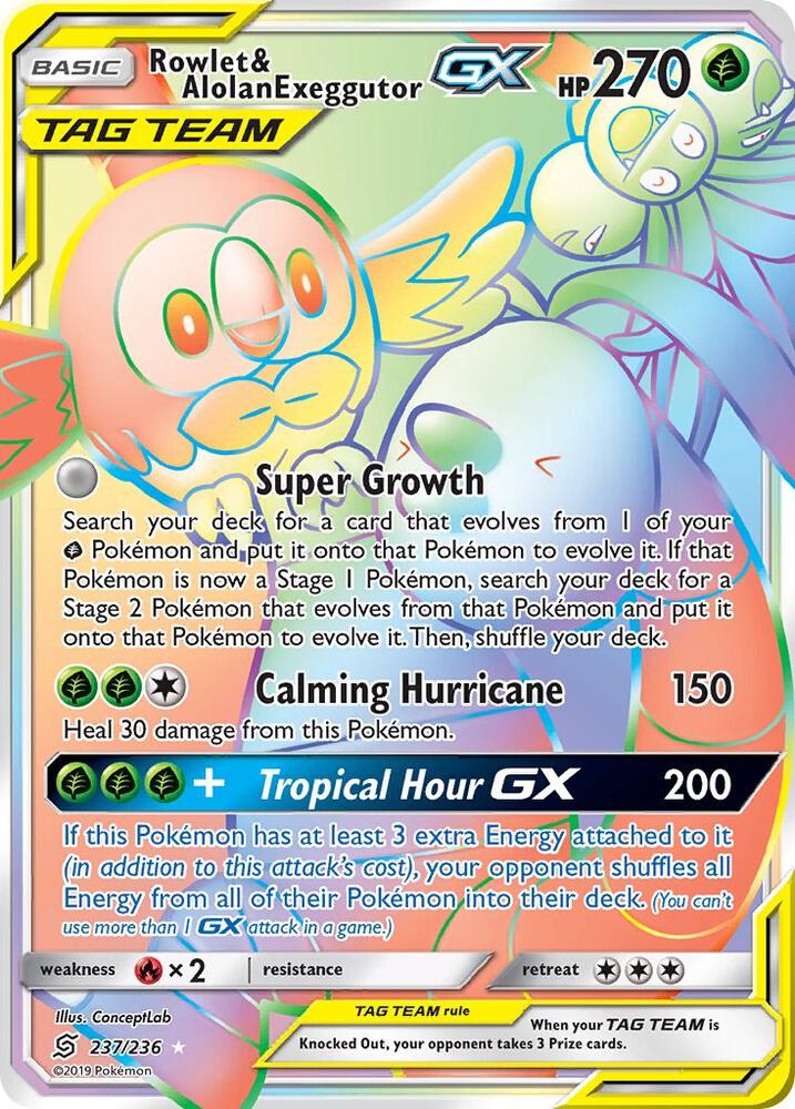 2019 Pokemon SM - Unified Minds 237/236 Rowlet & Alolan Exeggutor GX Secret Rare