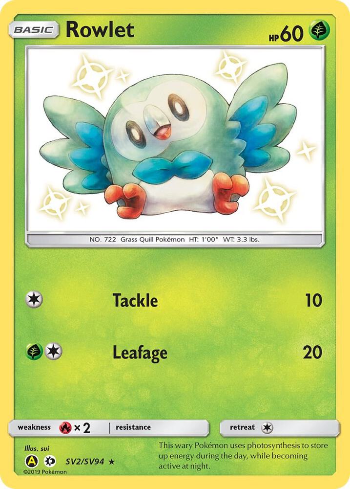 2019 Pokemon Hidden Fates: Shiny Vault SV2/SV94 Rowlet Shiny Holo Rare