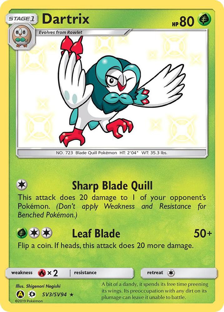 2019 Pokemon Hidden Fates: Shiny Vault SV3/SV94 Dartrix Shiny Holo Rare