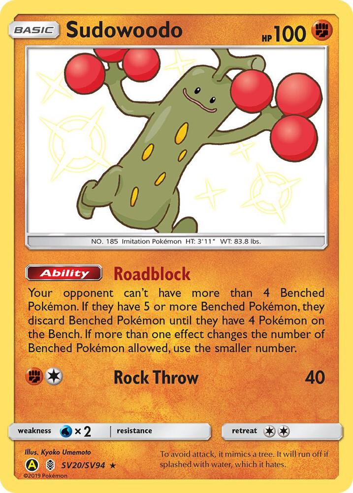 2019 Pokemon Hidden Fates: Shiny Vault SV20/SV94 Sudowoodo Shiny Holo Rare