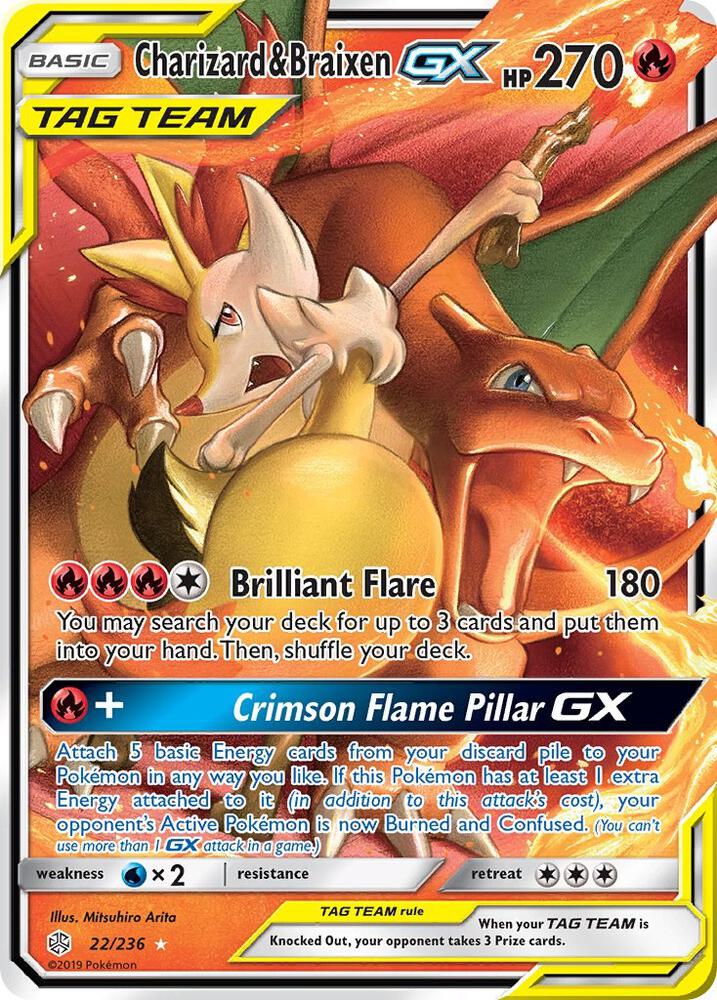 2019 Pokemon SM - Cosmic Eclipse 22/236 Charizard & Braixen GX Ultra Rare