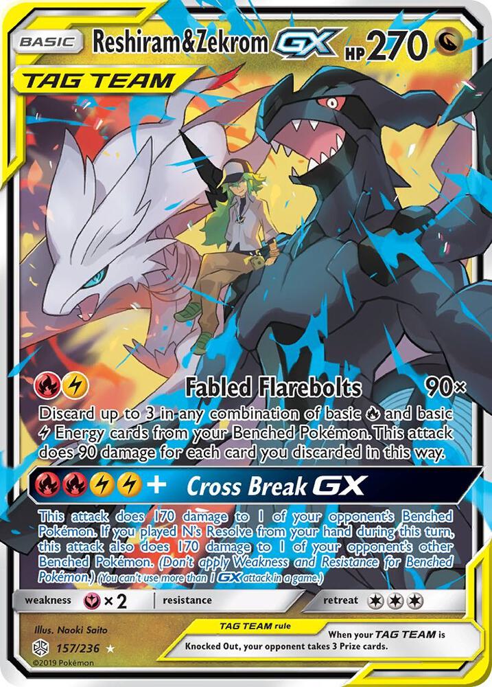 2019 Pokemon SM - Cosmic Eclipse 157/236 Reshiram & Zekrom GX Ultra Rare
