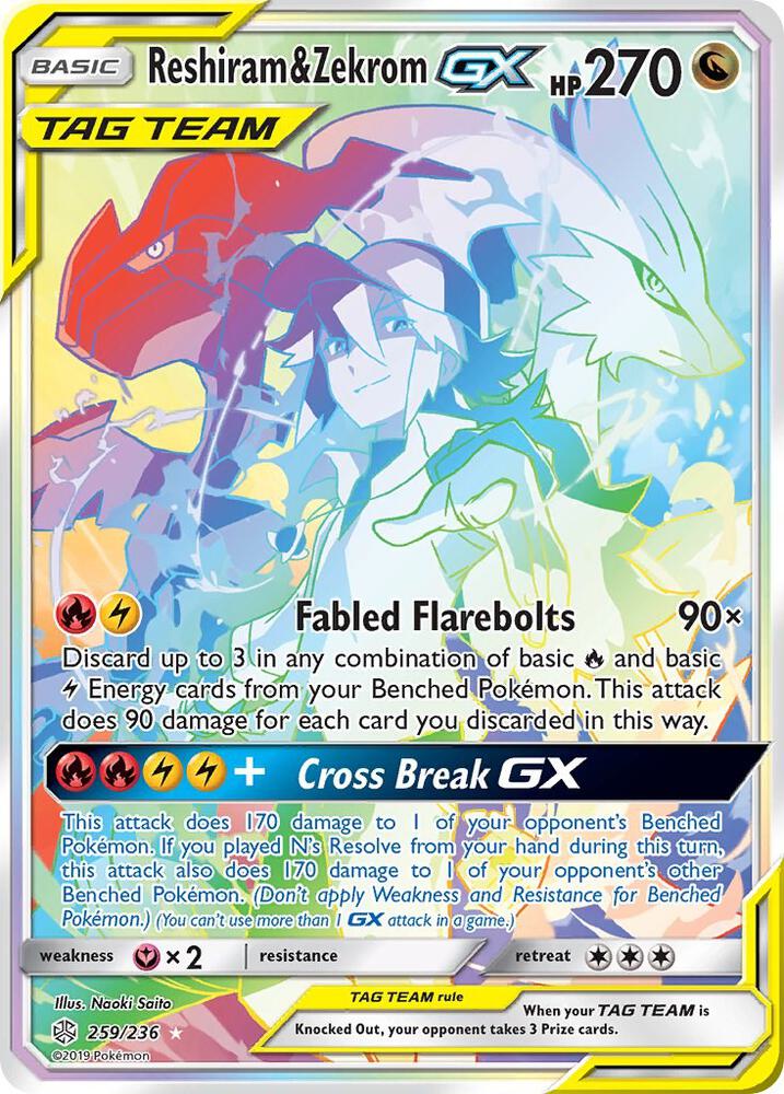 2019 Pokemon SM - Cosmic Eclipse 259/236 Reshiram & Zekrom GX Rainbow Rare