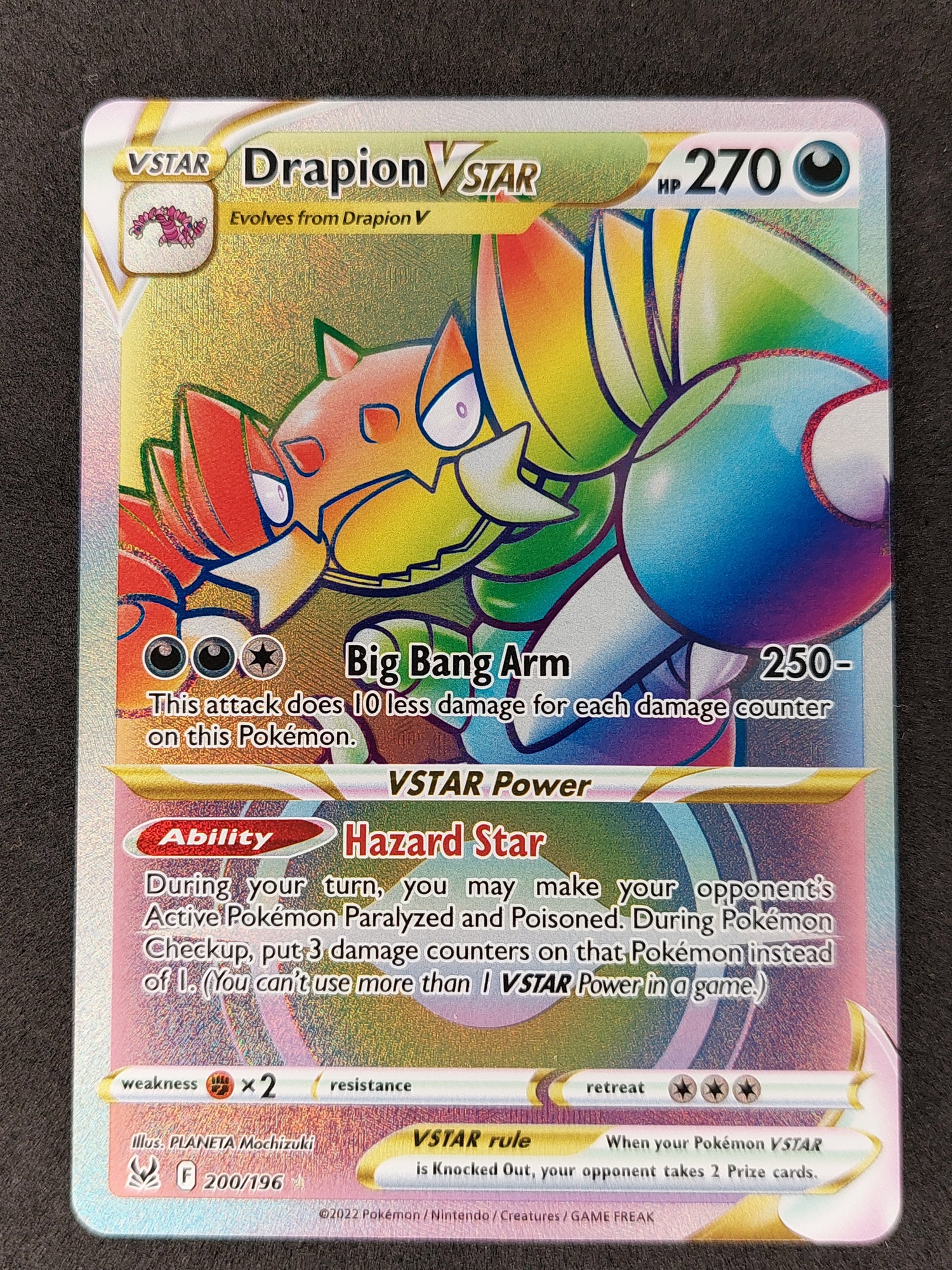2022 Pokemon Lost Origin 200/196 Drapion Vstar Rainbow Secret Rare
