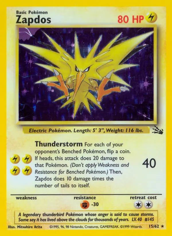 Zapdos 15/62 (Fossil)  - Unlimited Holofoil