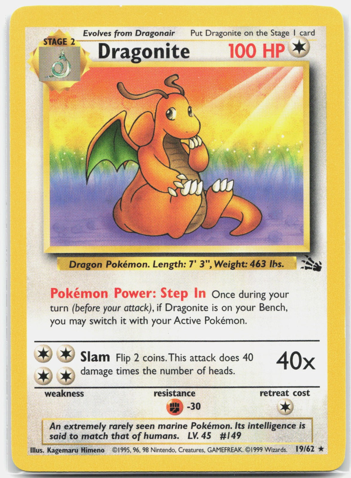 1999 Pokemon Fossil 19/62 Dragonite (19) Rare