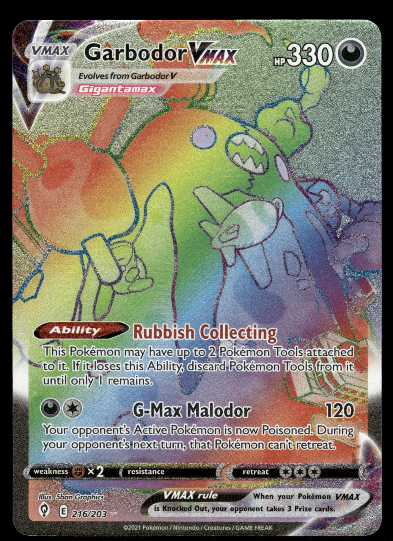 2021 Pokemon Evolving Skies 216/203 Garbodor Vmax Rainbow Rare 2021 Pokemon Evolving Skies 216/203 Garbodor Vmax Rainbow Rare