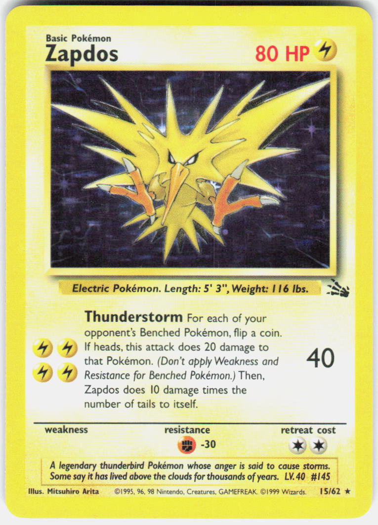 1999 Pokemon Fossil 15/62 Zapdos (15) Holo Rare