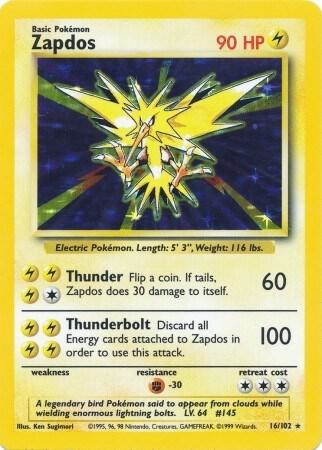 1999 Pokemon Base Set 016/102 Zapdos Holo Rare