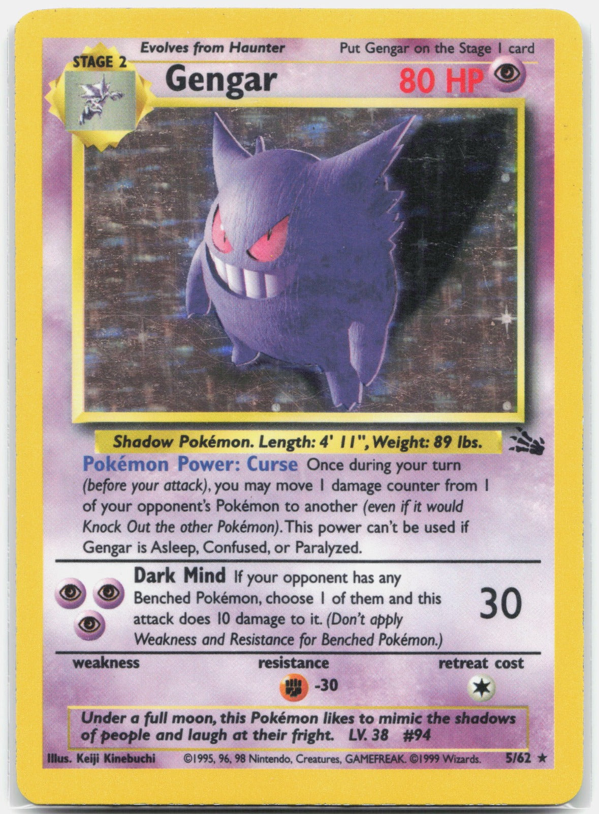 1999 Pokemon Fossil 05/62 Gengar (5) Holo Rare