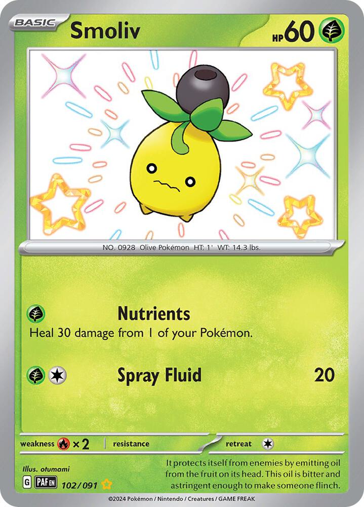 2024 Pokemon SV: Paldean Fates 102/091 Smoliv Shiny Rare