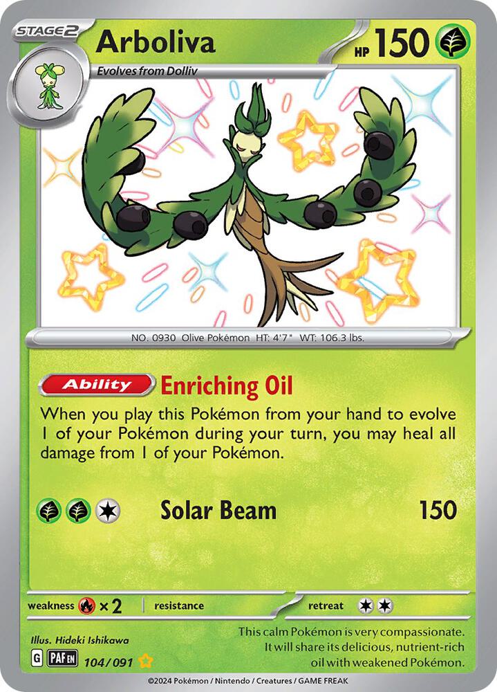 2024 Pokemon SV: Paldean Fates 104/091 Arboliva Shiny Rare