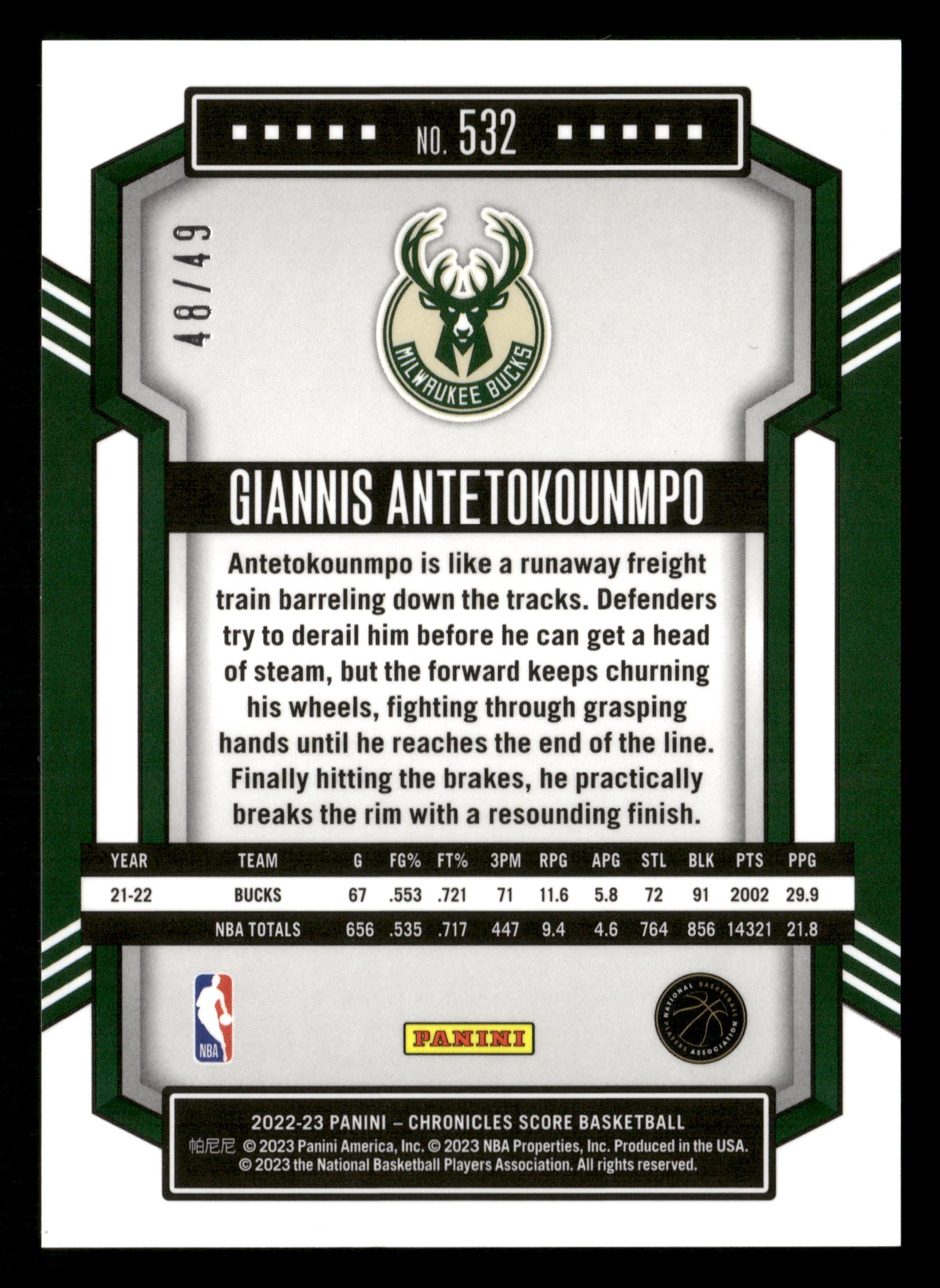 2022-23 Panini Chronicles #532 Giannis Antetokounmpo Purple #/49