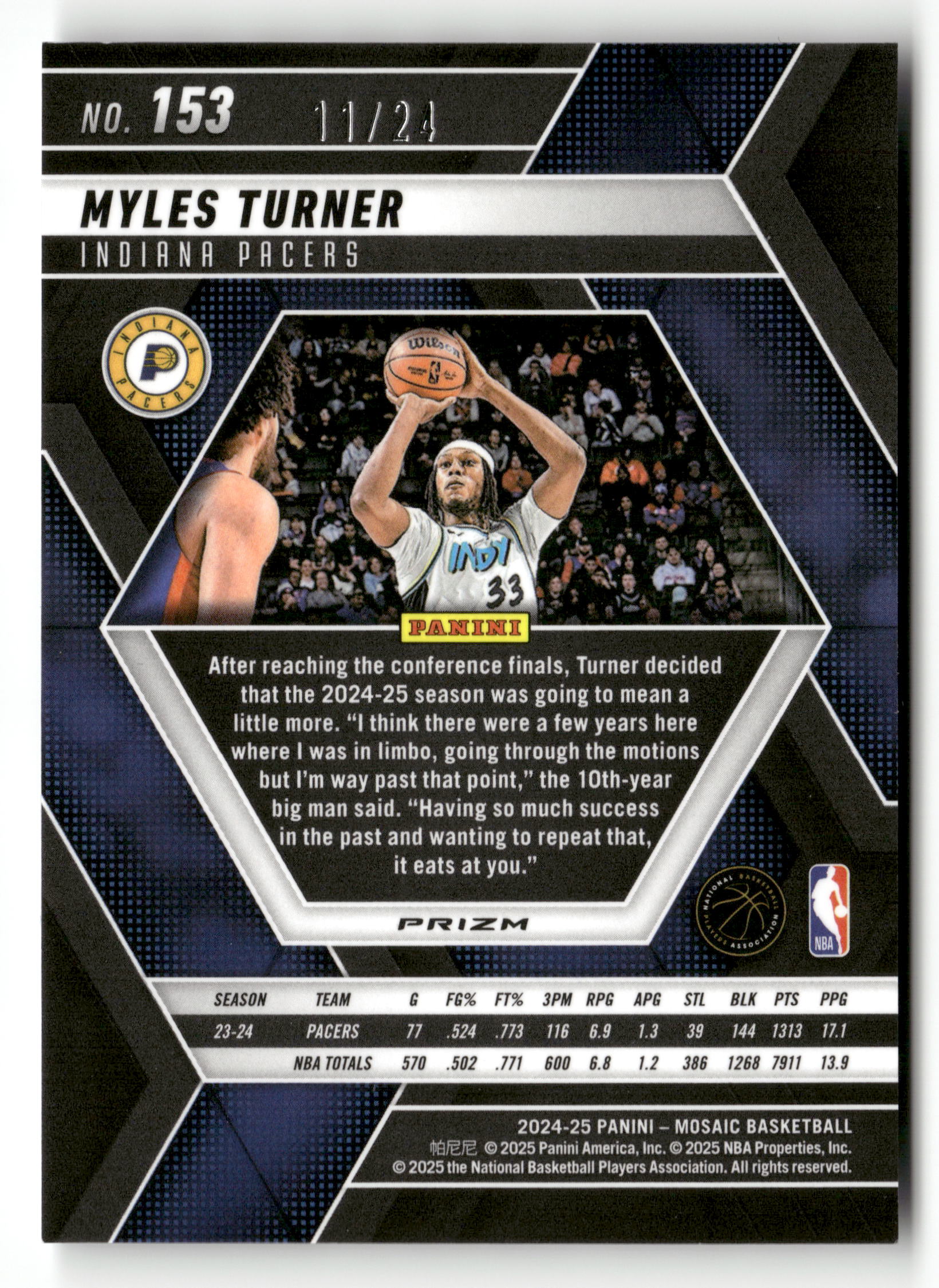 2024-25 Panini Mosaic #153 Myles Turner Purple Snakeskin Mosaic #/24