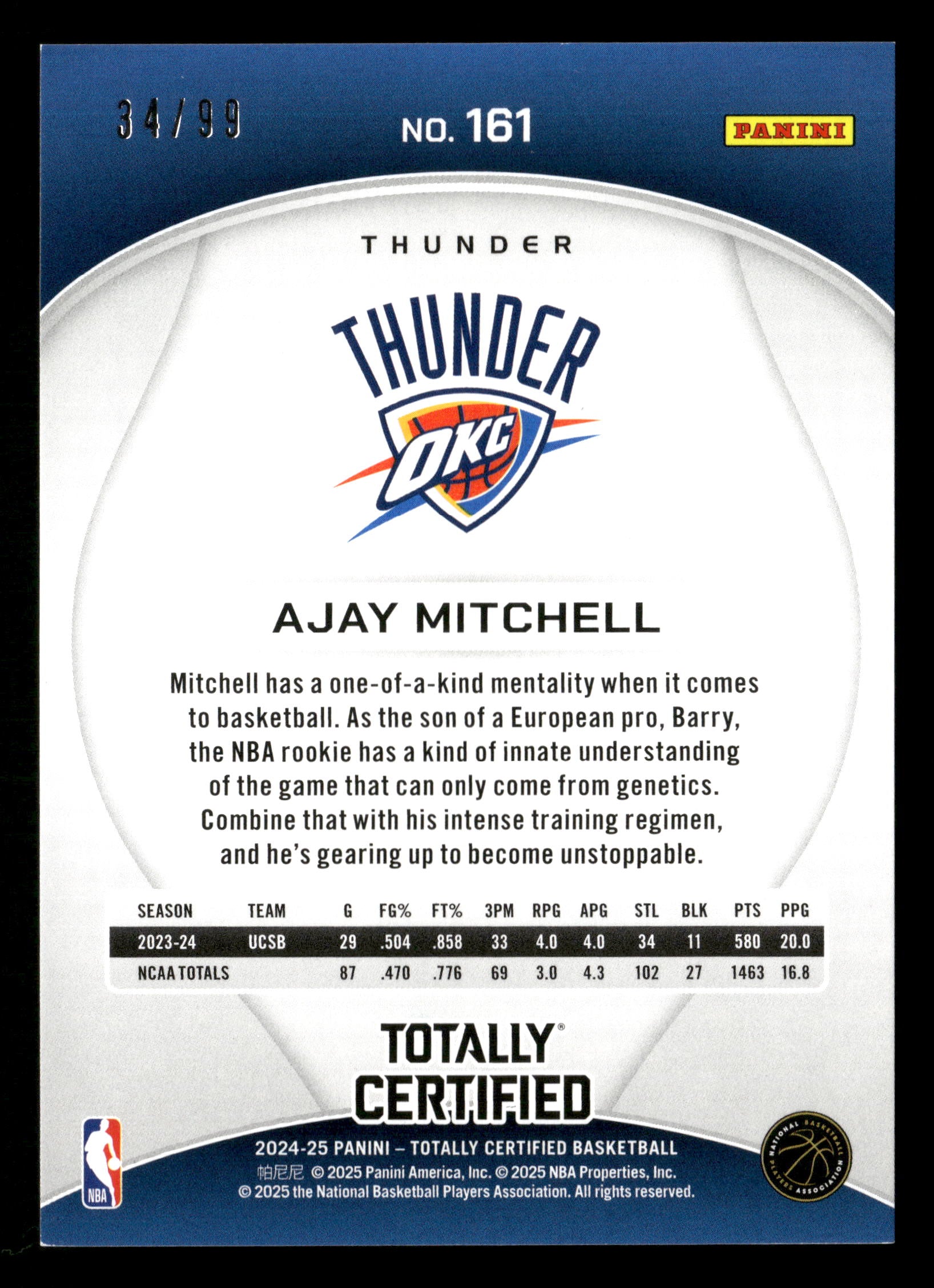 2024-25 Panini Totally Certified #161 Ajay Mitchell Mirror Blue Platinum #/99