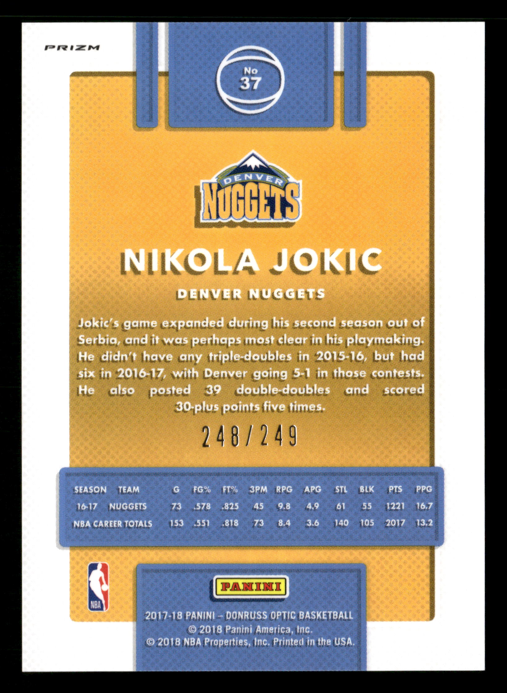 2017-18 Donruss Optic #37 Nikola Jokic Premium Box Set #/249