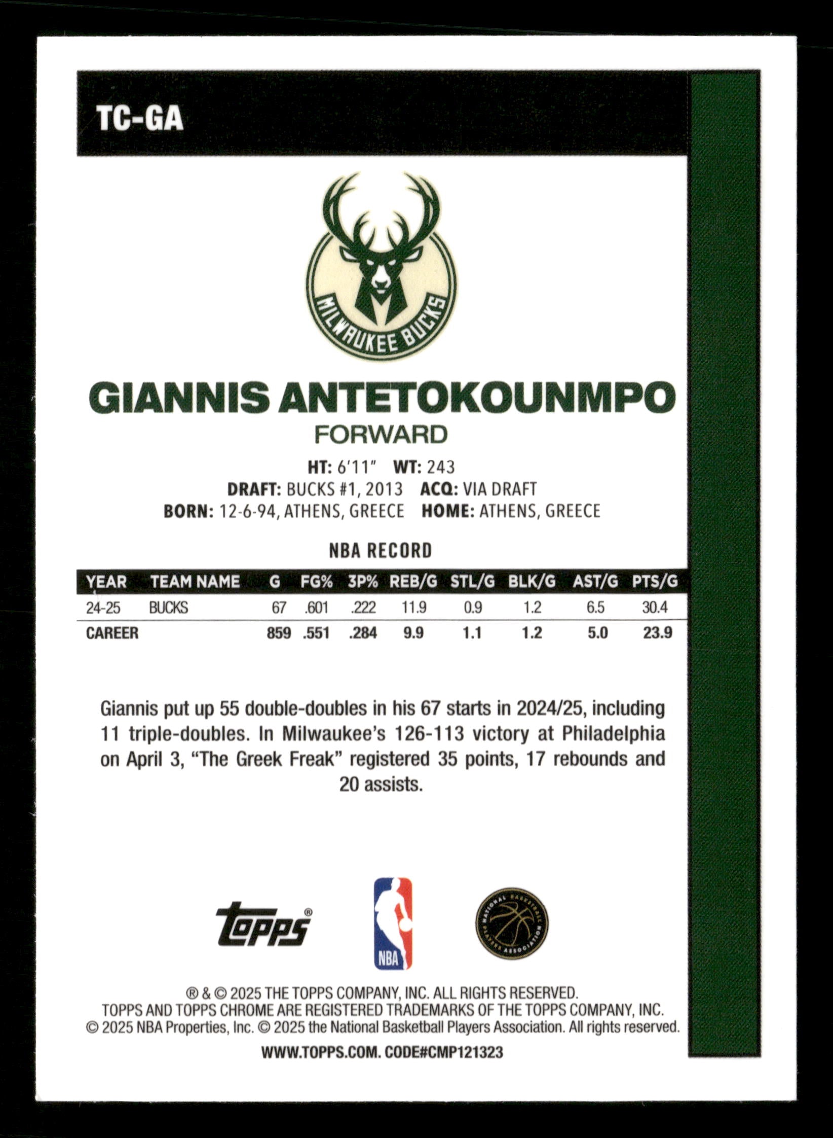 2025-26 Topps #TC-GA Giannis Antetokounmpo 1980-81 Basketball Aqua Mojo #/199