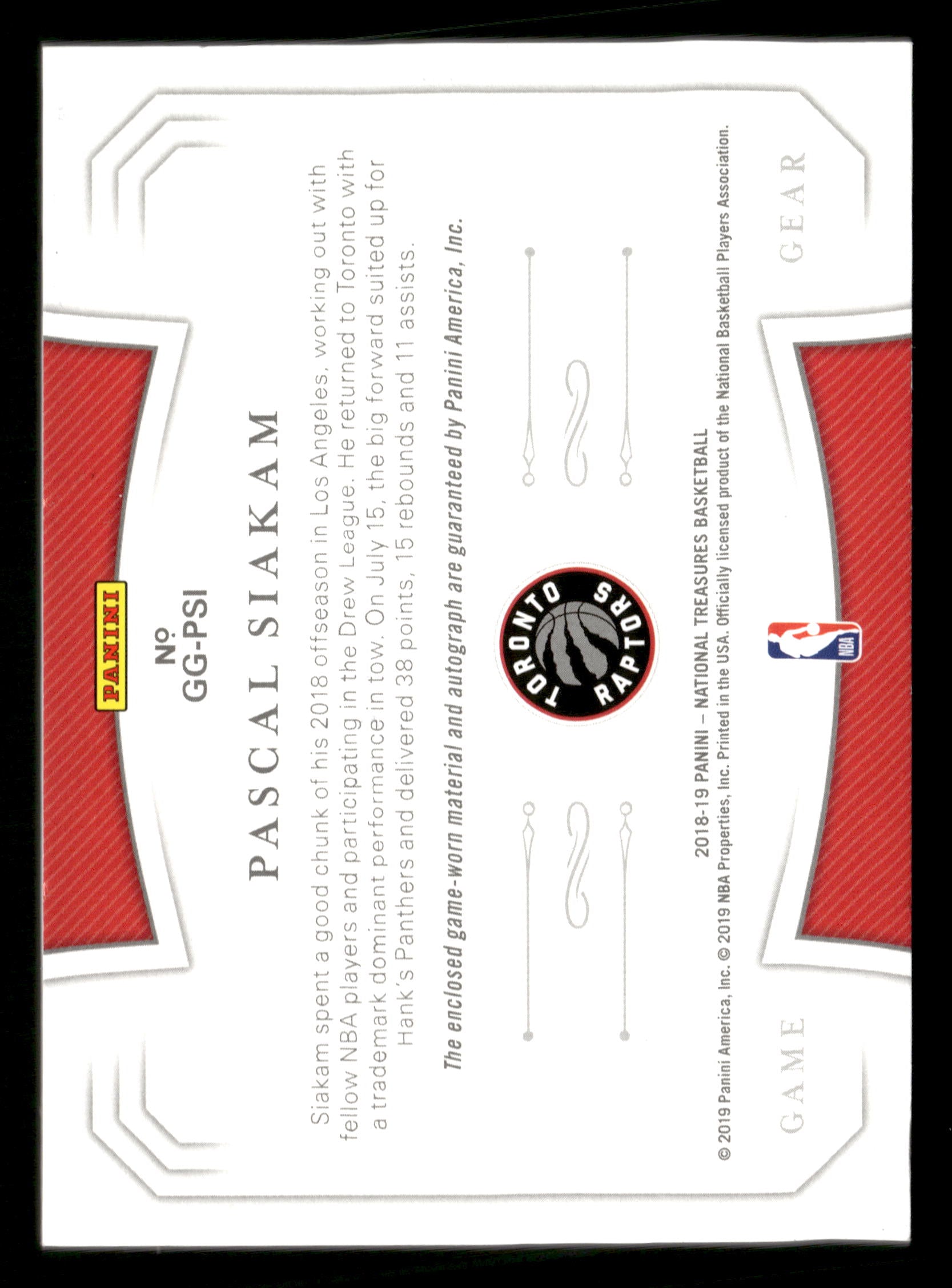 2018-19 Panini National Treasures #GG-PSI Pascal Siakam Game Gear Auto #/99